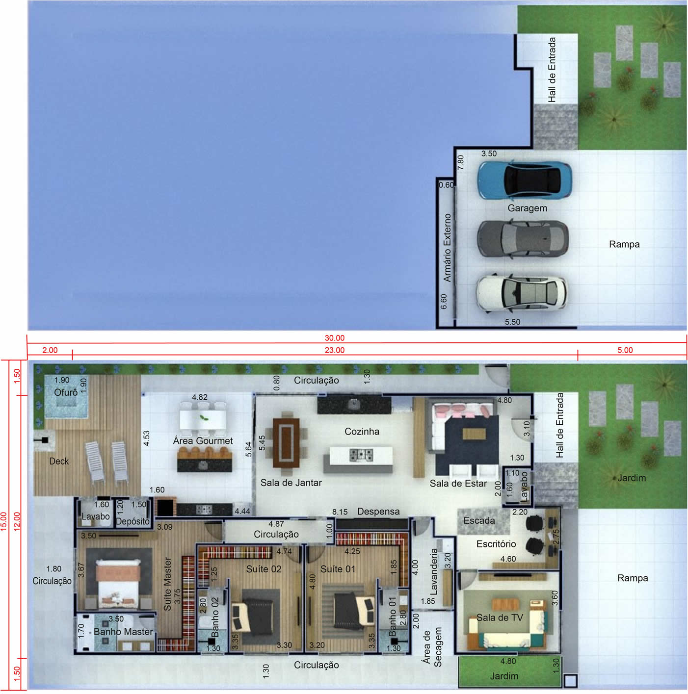 Planta de casa com garagem subterrânea. Planta para terreno 15x30