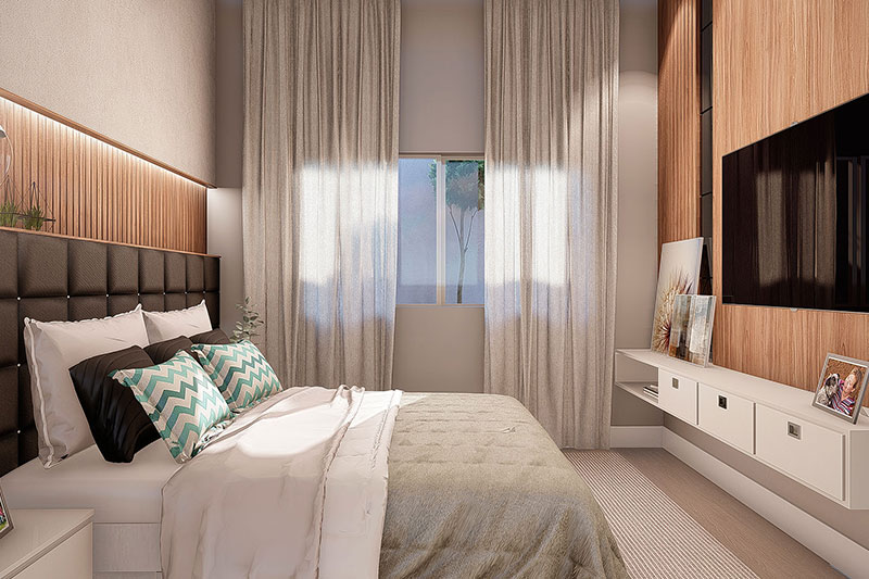 Quarto de casal com janela e cortina de tecido