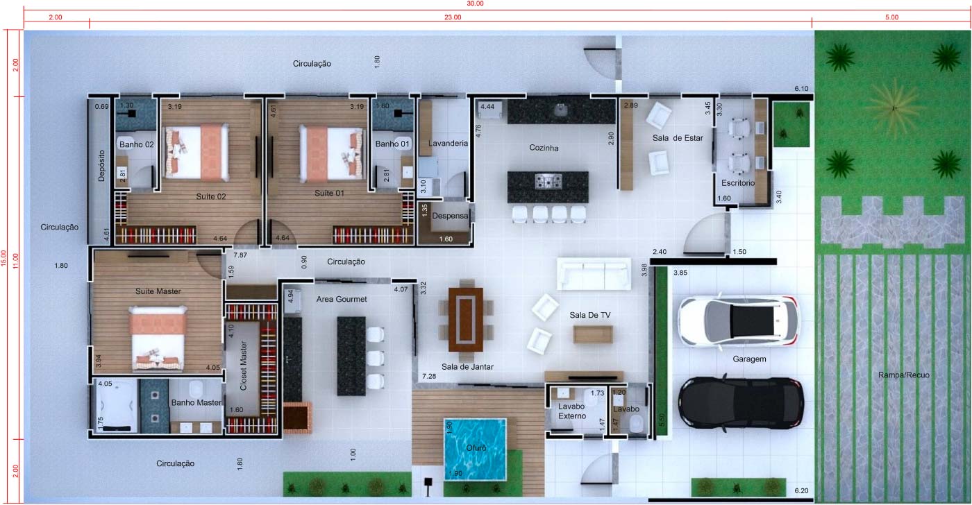 Projeto de casa térrea com 3 suítes. Planta para terreno 15x30