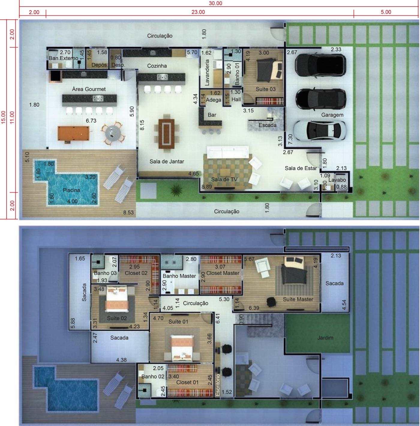 Projeto de sobrado com fachada moderna. Planta para terreno 15x30