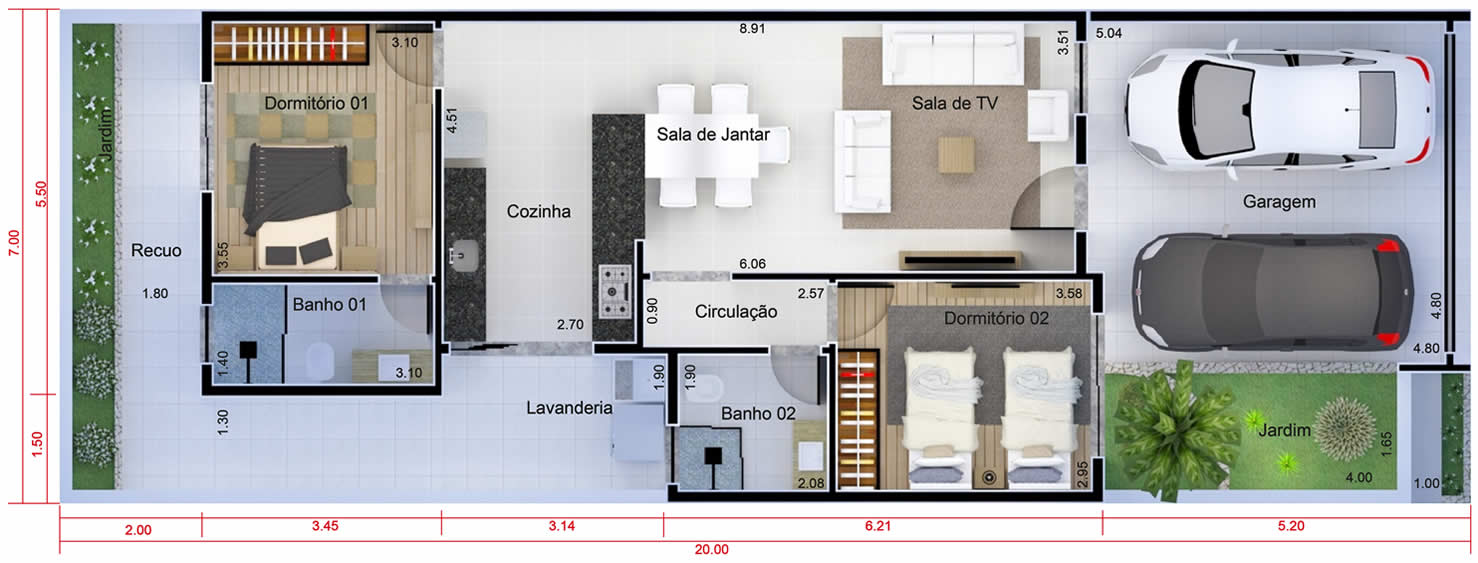 Planta de casa de baixo custo. Planta para terreno 7x20