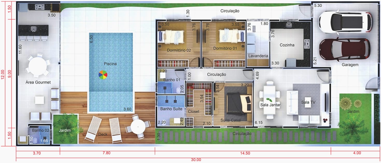 Planta de casa com edícula e piscina. Planta para terreno 12x30
