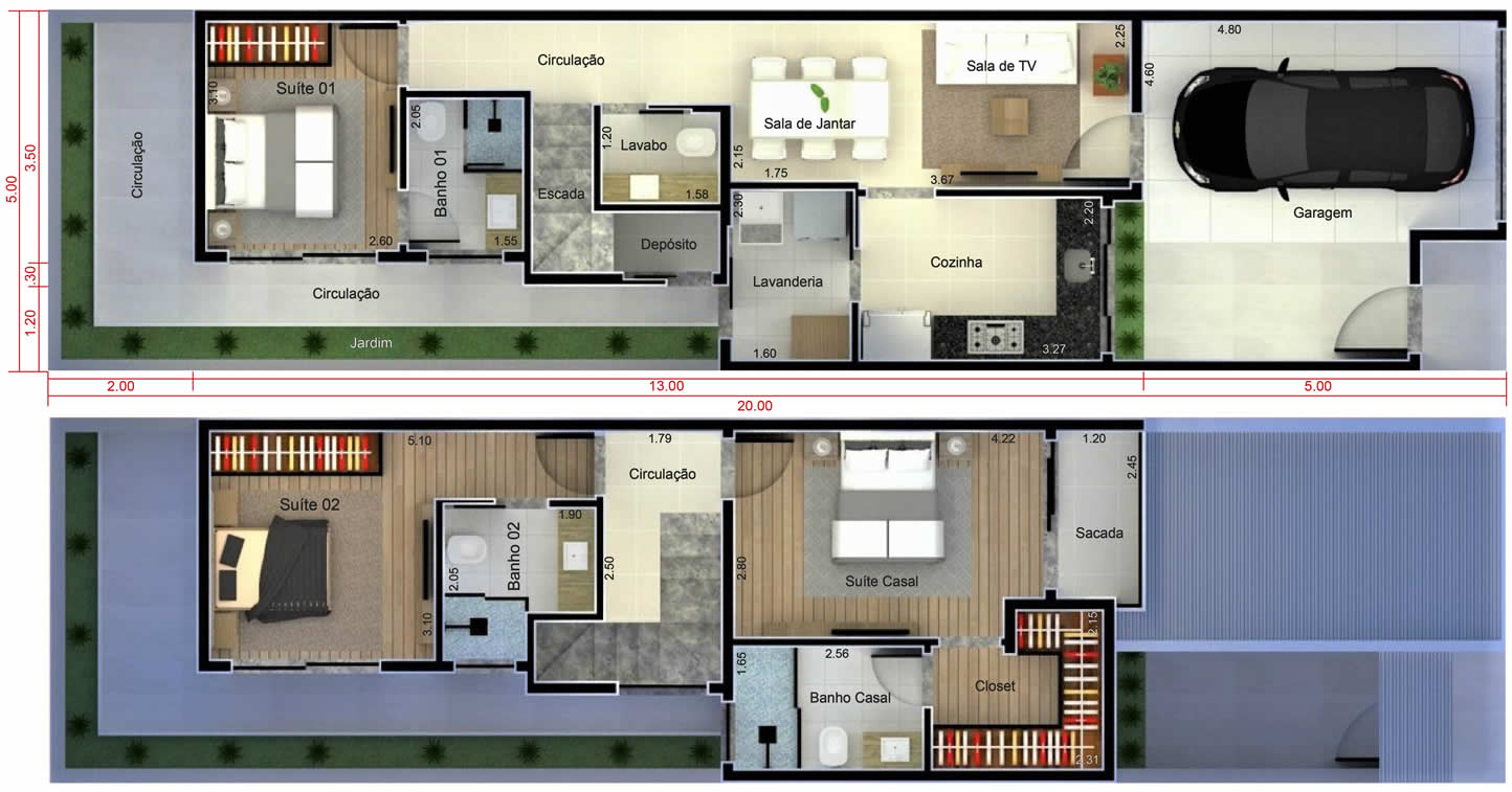 Planta de sobrado com quarto no térreo. Planta para terreno 5x20
