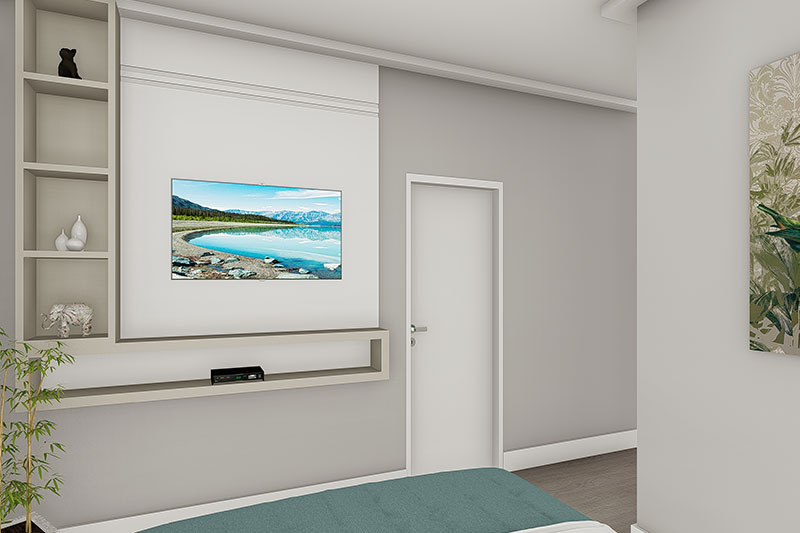 Quarto com painel de tv em frente a cama