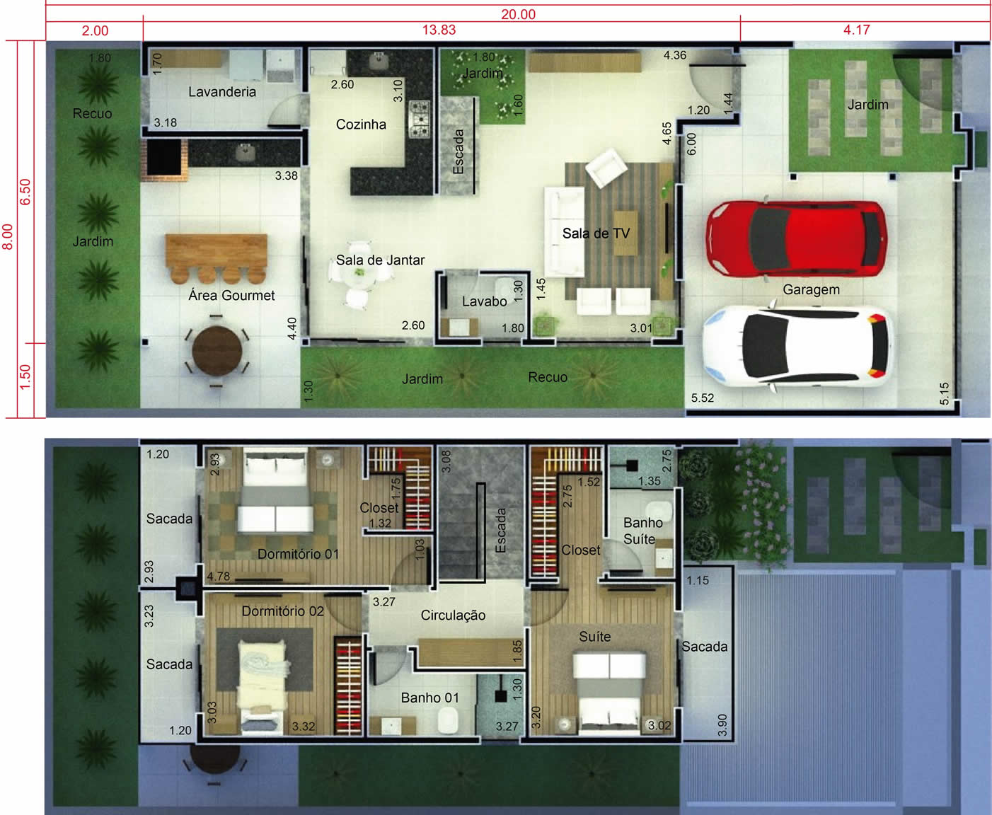 Planta de casa com 3 quartos com sacada. Planta para terreno 8x20