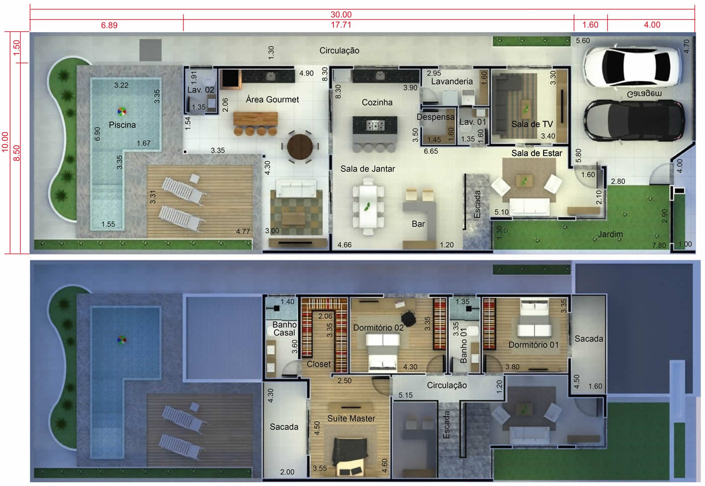 Planta de sobrado com mezanino na sala. Planta para terreno 10x30