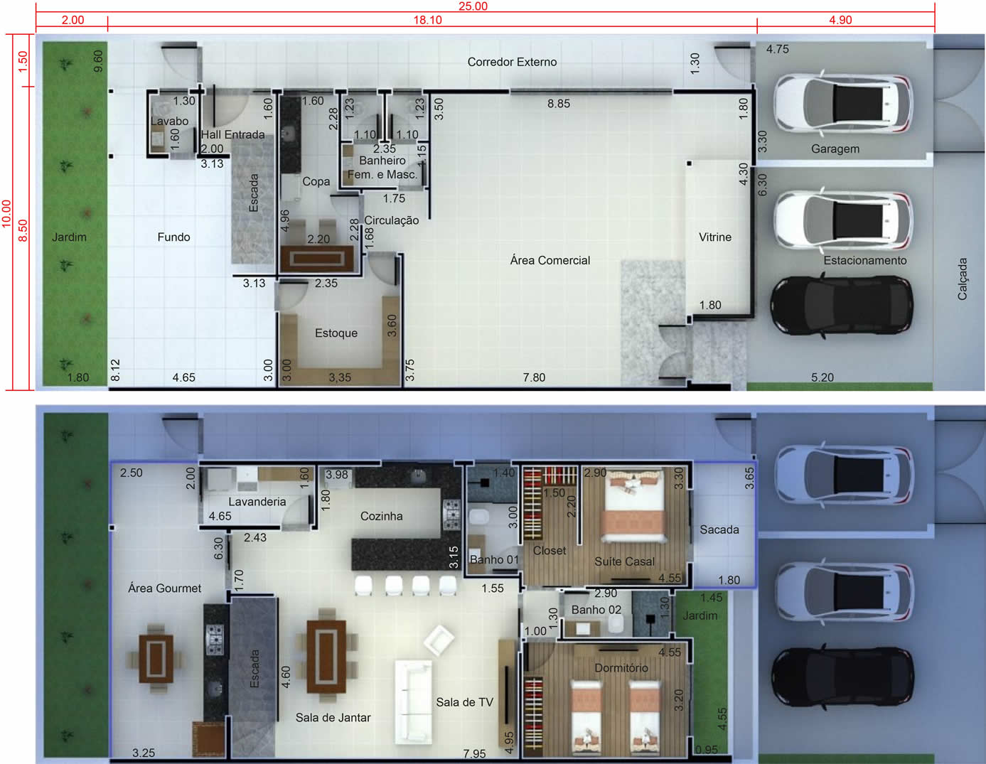 Planta de comércio com residência. Planta para terreno 10x25