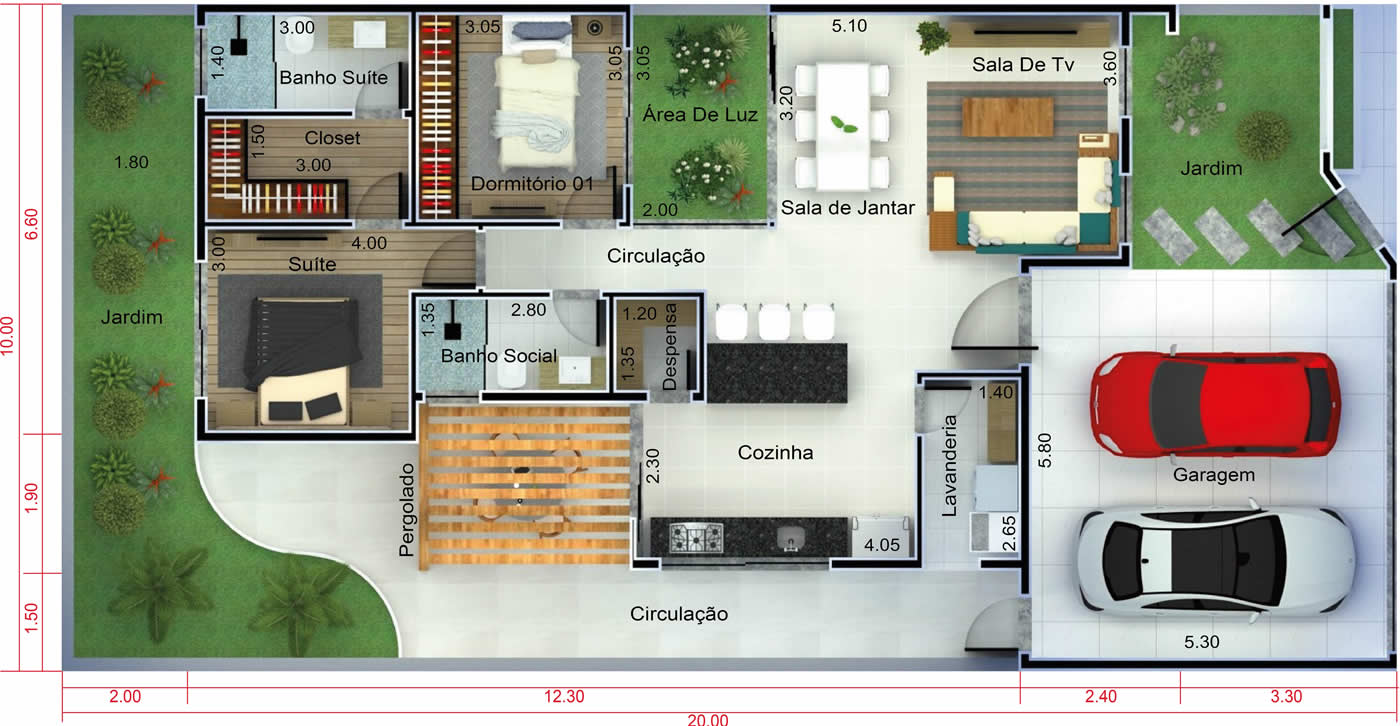 Planta de casa moderna com 2 quartos. Planta para terreno 10x20