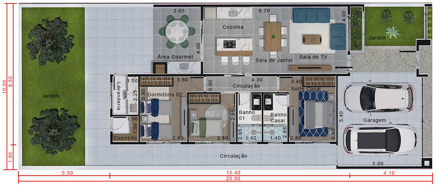 Planta de casa moderna com portão . Planta para terreno 10x25