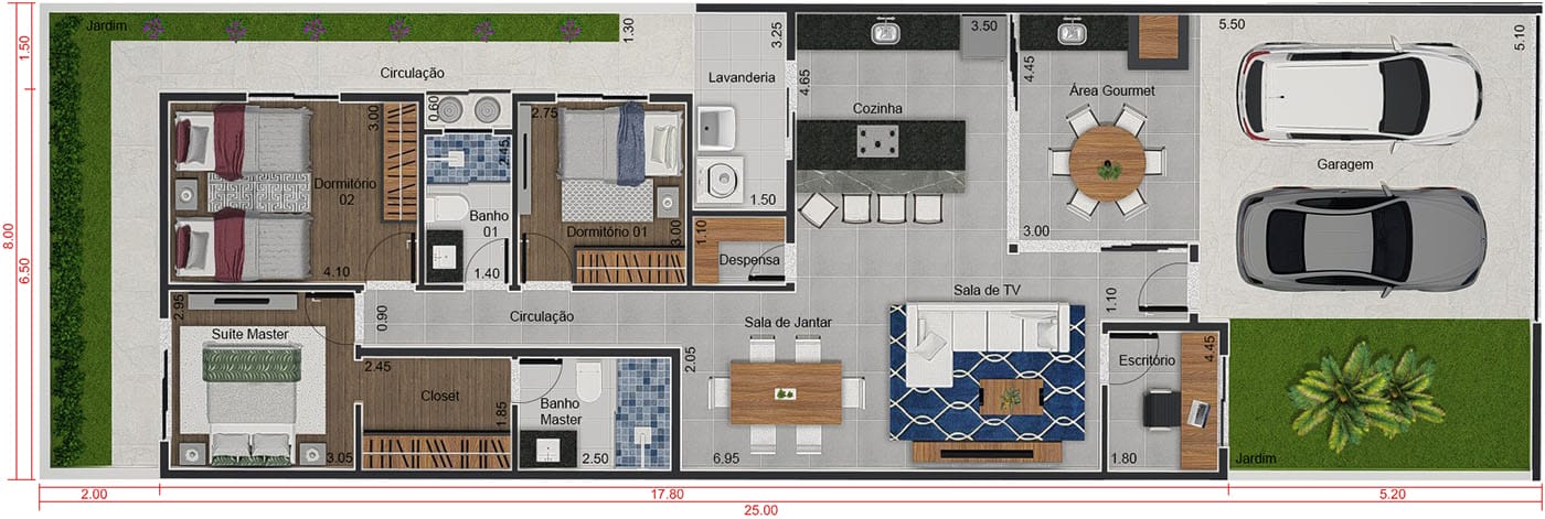 Planta térrea com telhado aparente. Planta para terreno 8x25