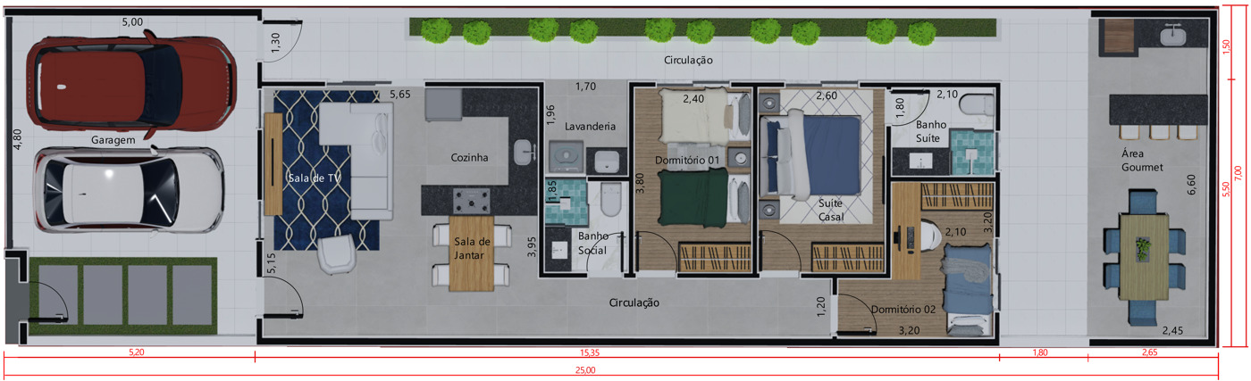 Projeto com área gourmet no fundo. Planta para terreno 7x25