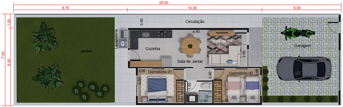 Projeto Minha Casa Minha Vida pequeno. Planta para terreno 7x25