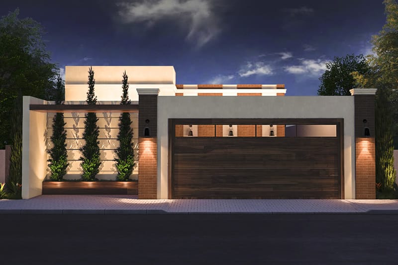 Planta de casa com portão de madeira