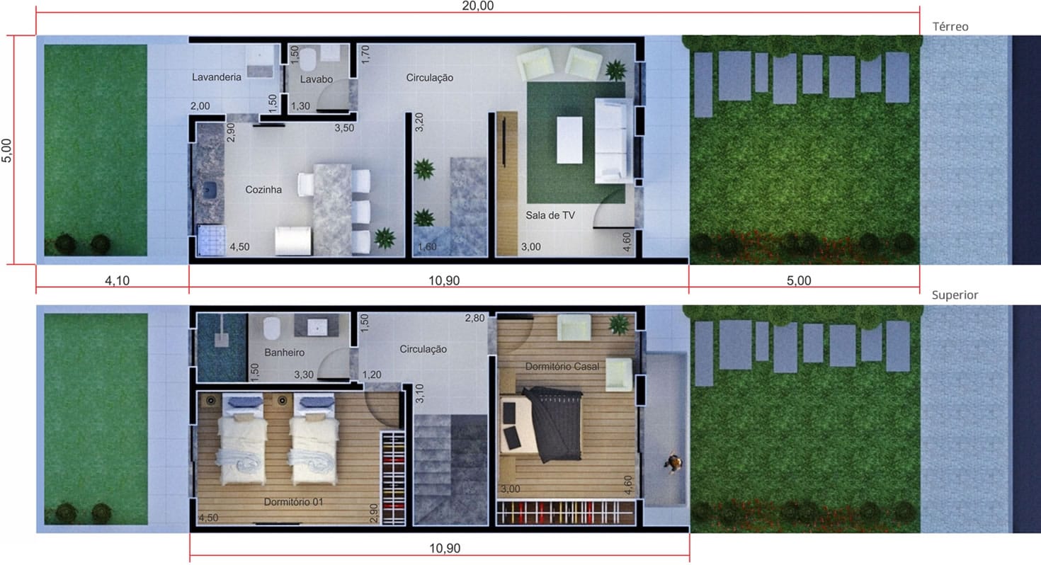 Planta de sobrado simples. Planta para terreno 5x20