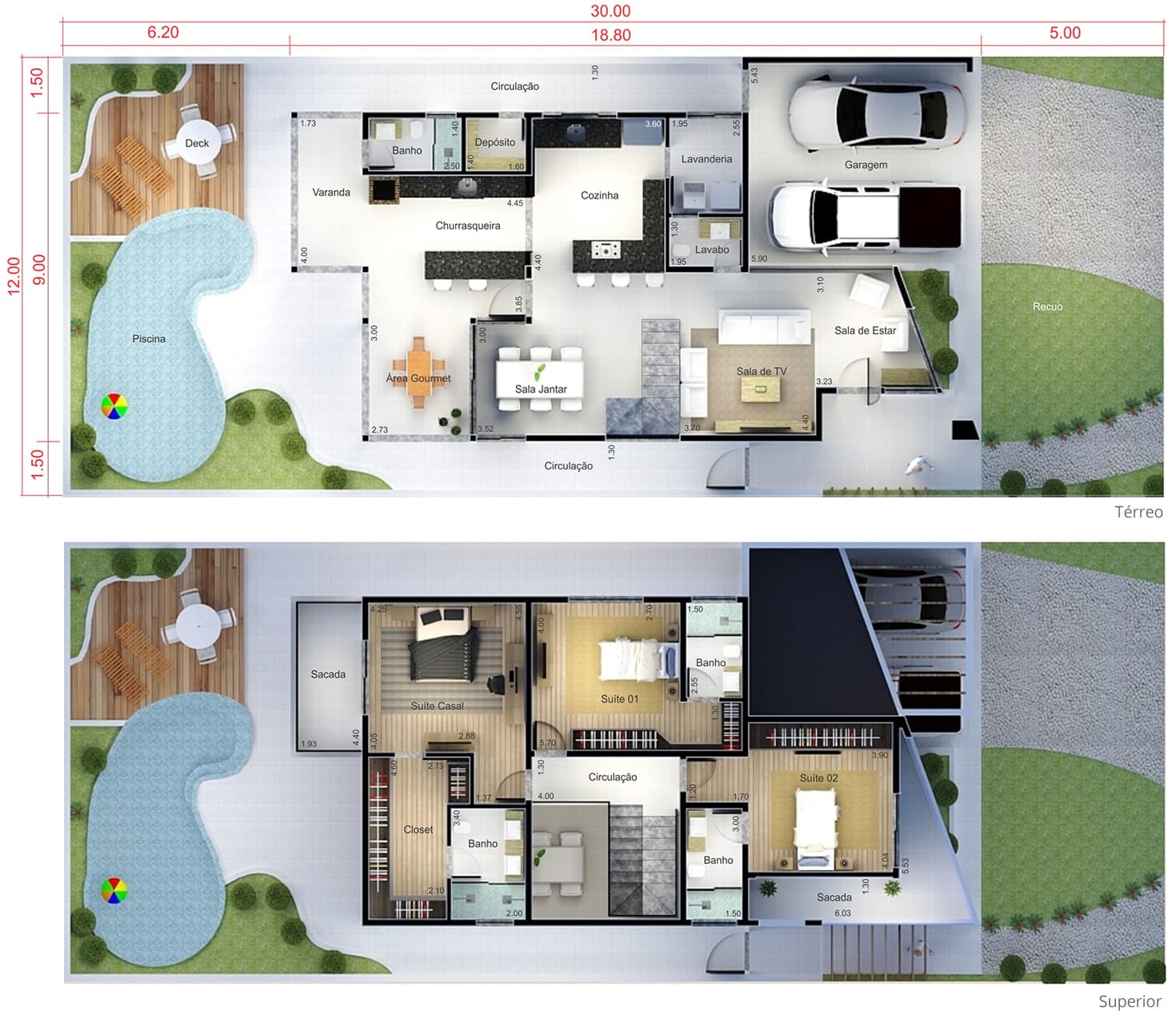 Sobrado com revestimento de madeira. Planta para terreno 12x30