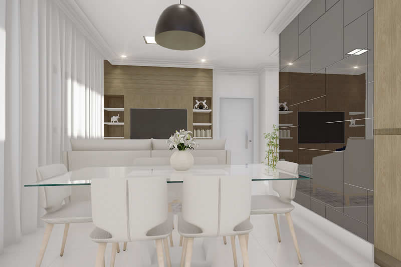 sala de jantar com espelho na parede