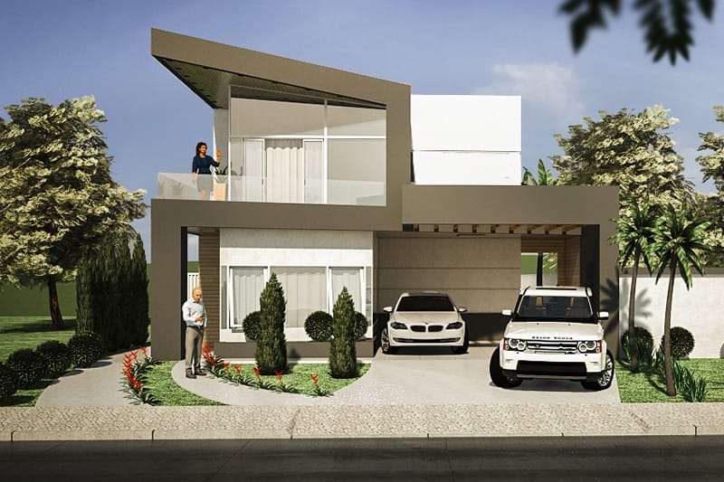 Modelo de casa com pergolado de madeira