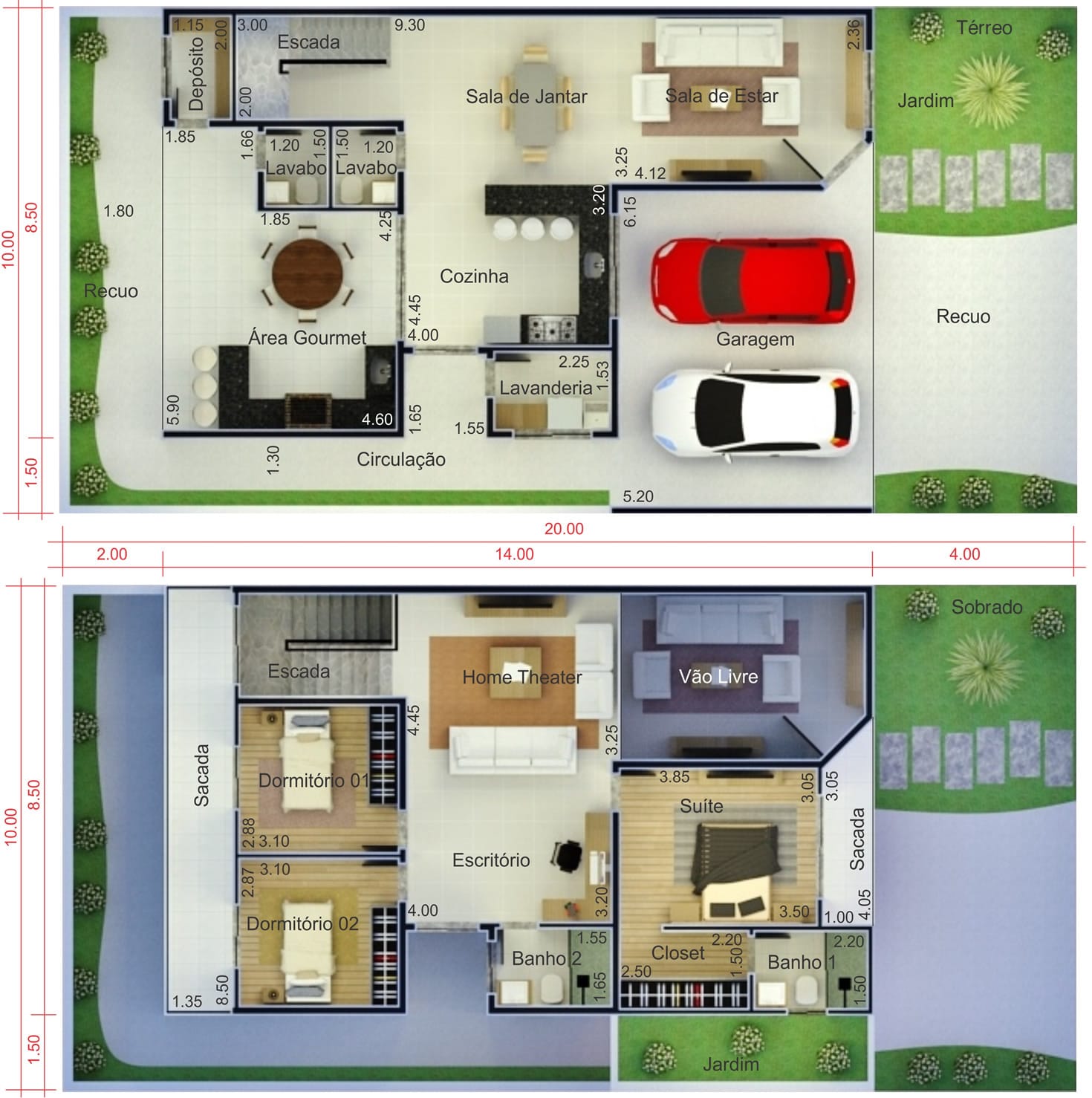 Planta de sobrado com varanda. Planta para terreno 10x20