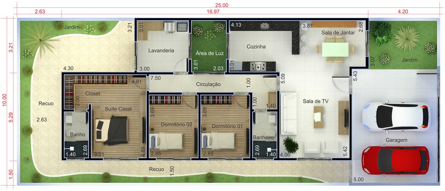 Planta de casa térrea com 3 quartos. Planta para terreno 10x25