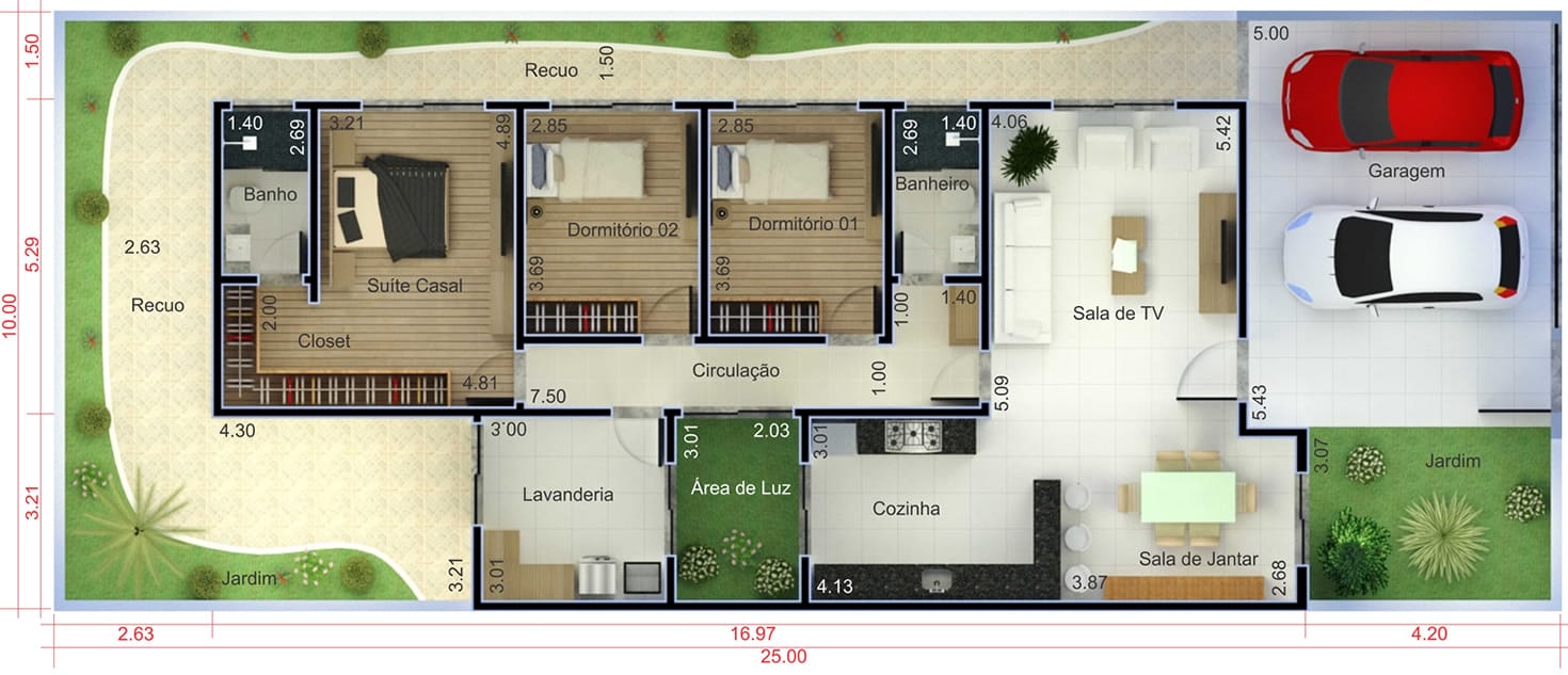 Planta de casa térrea com 3 quartos. Planta para terreno 10x25