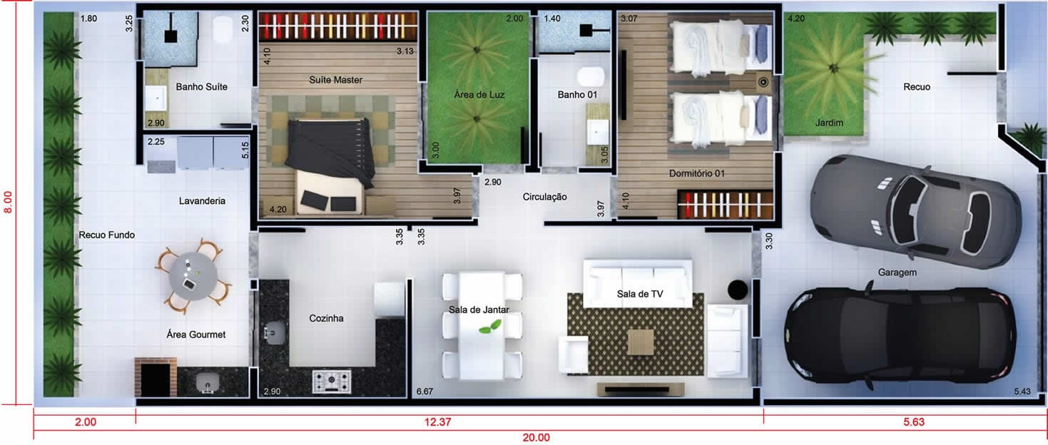 Planta de casa com pé direito alto de vidro. Planta para terreno 8x20