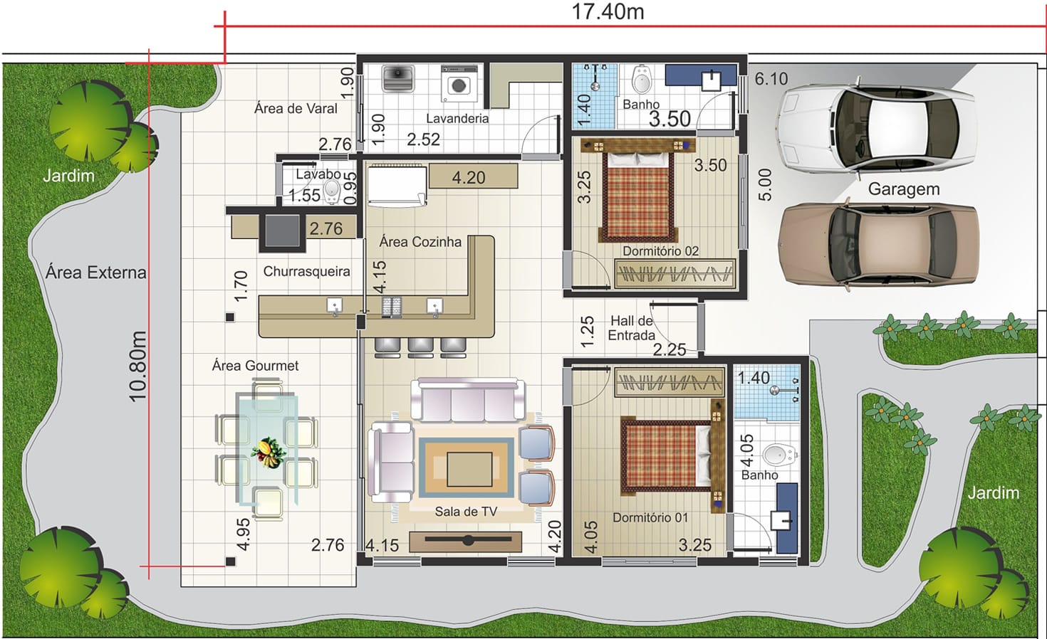 Planta de casa térrea rústica. Planta para terreno 12,50x25
