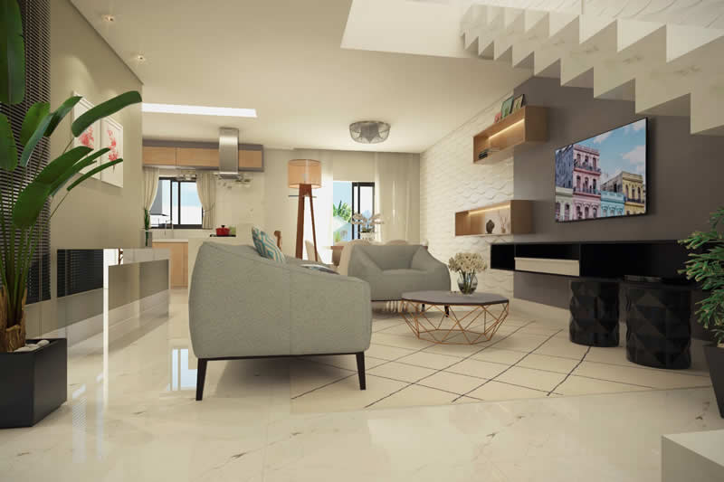 Sala de TV com cores claras