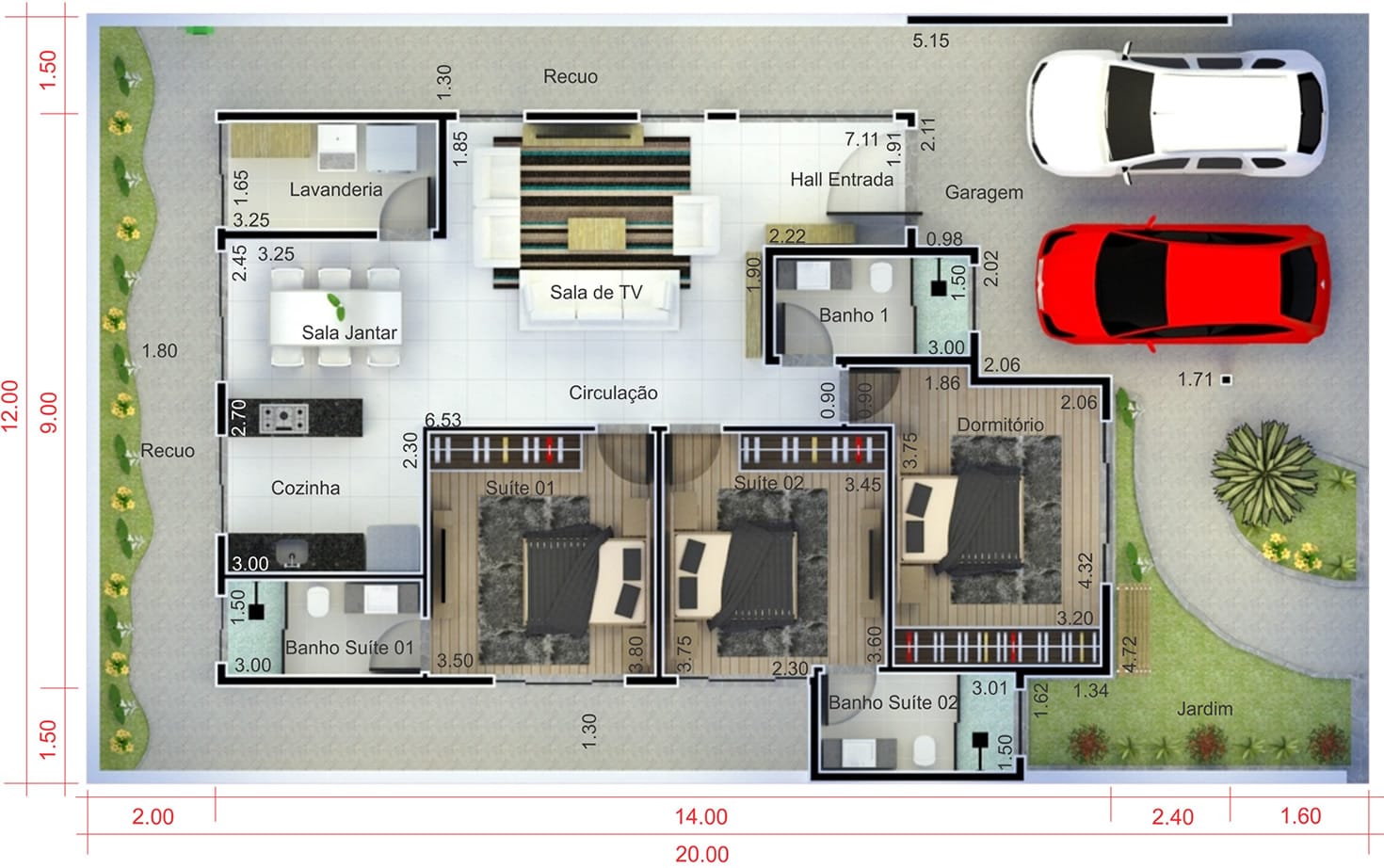 Planta de casa com 2 suites e 1 quarto. Planta para terreno 12x20