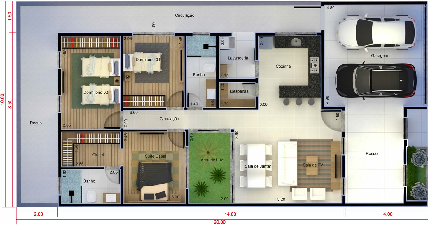 Planta de casa térrea com suite e closet. Planta para terreno 10x20
