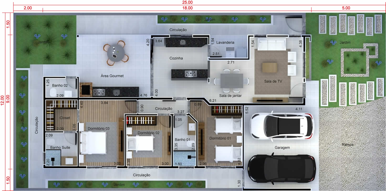 Planta de casa com cozinha integrada. Planta para terreno 12x25