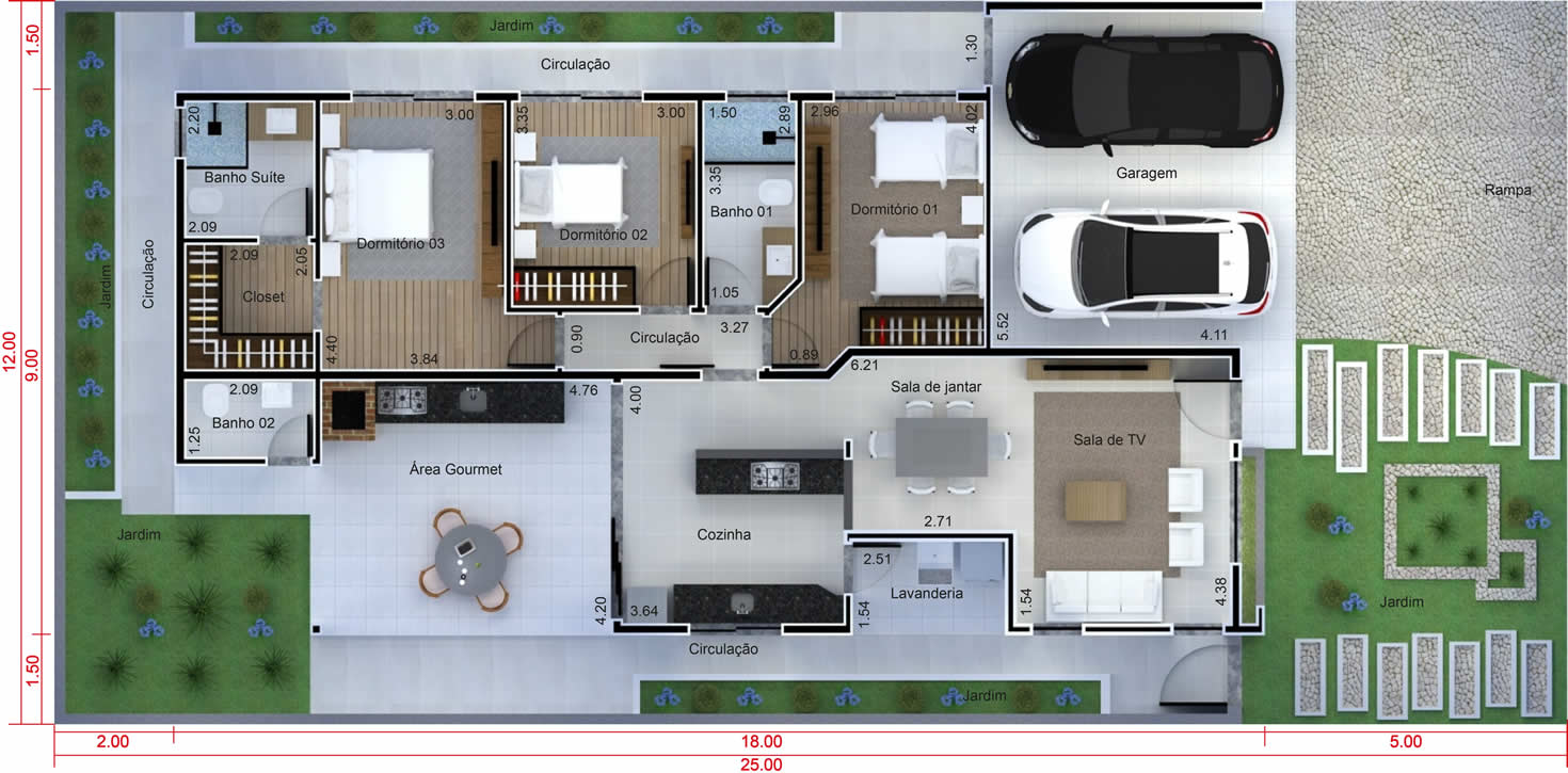 Planta de casa com cozinha integrada. Planta para terreno 12x25