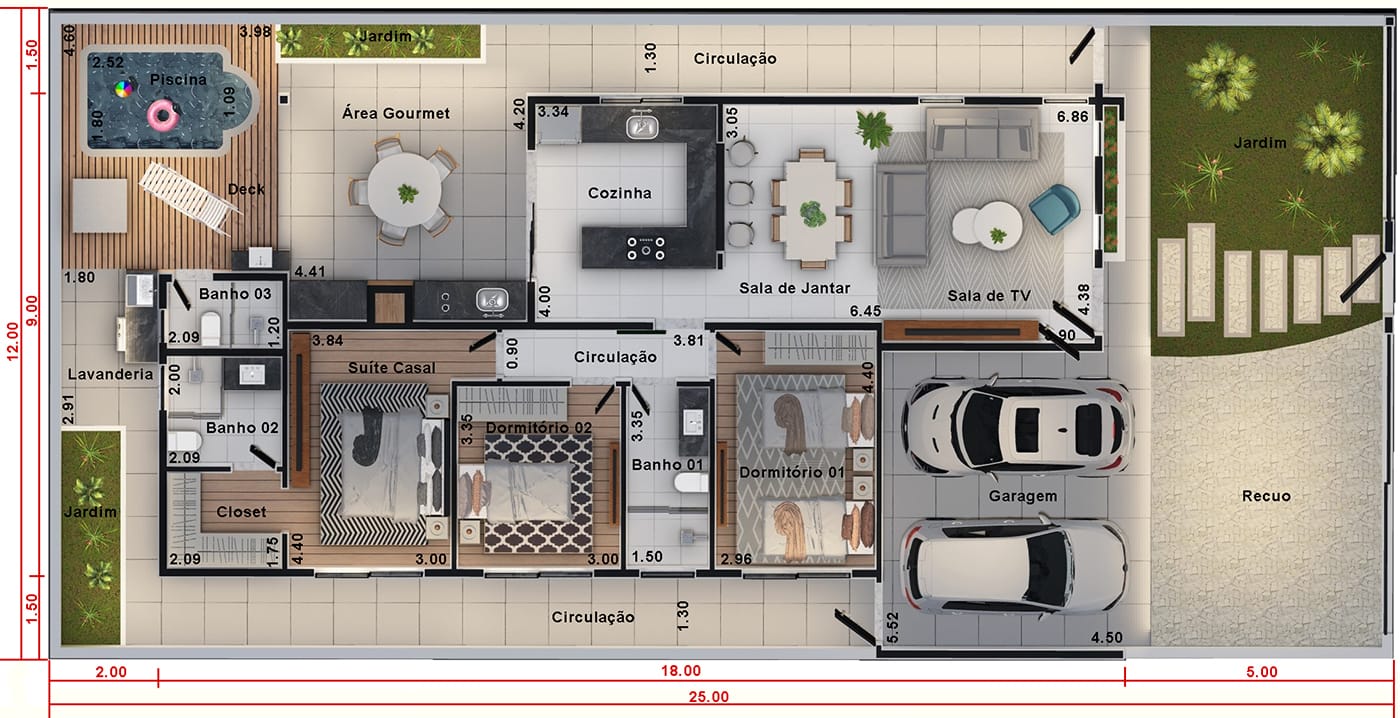 Planta de casa com muro de vidro. Planta para terreno 12x25